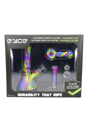 Eyce Colorway Set boxed in rainbow swirl silicone with beaker, spoon, collector, and containers.