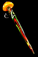 Single orange-cap striped mushroom concentrate applicator with red-green stem swirls, photographed on black background.