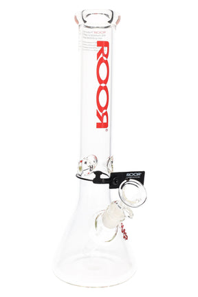 Clear ROOR 5 mm beaker bong with red vertical ROOR logo, glass-on-glass downstem and bowl, ice pinch.
