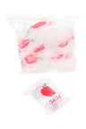 Close-up of numerous Apple Bags 34×34 mini baggies inside a large clear zip pouch, red apple graphics visible throughout