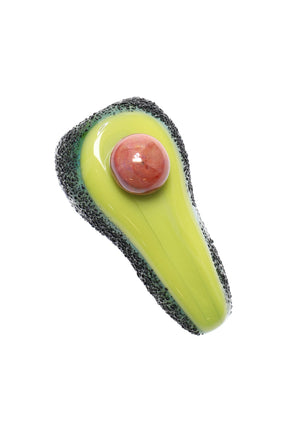 Top-down avocado glass hand pipe with lime-green body, speckled peel, and rounded red-brown pit accent