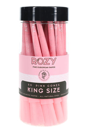 ROZY 50-count jar of king size pink pre-rolled cones with fine European paper callouts, all-natural dyes and organic gum label.