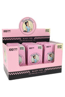 Front view of Blazy Susan display box holding pink tins of pre-rolled filter tips, each tin marked 100 tips and ready to use.