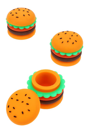 Fun hamburger-themed 1.25-inch silicone stash jar shown closed and open, revealing non-stick interior and burger layers.