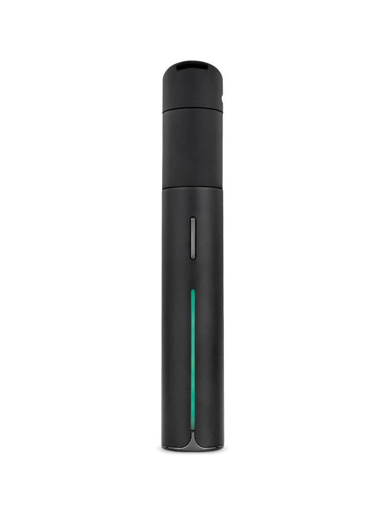 Front view of Puffco Pivot vaporizer with vertical light bar illuminated and side control button centered on the matte body.