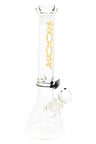 Clear ROOR 5 mm beaker bong with yellow patterned ROOR logo, glass-on-glass downstem and bowl, ice pinch.