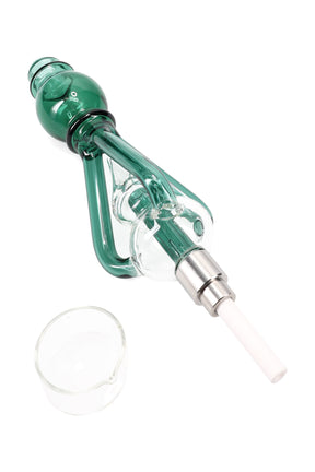 Dark green recycler dab straw kit with ceramic tip and glass dish; 9-inch smooth-pull concentrate straw.