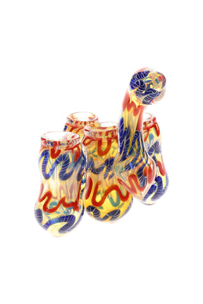 Color-changing quadruple-chamber sherlock bubbler with squiggle stripes and curved mouthpiece, compact 6½″ design on white background.