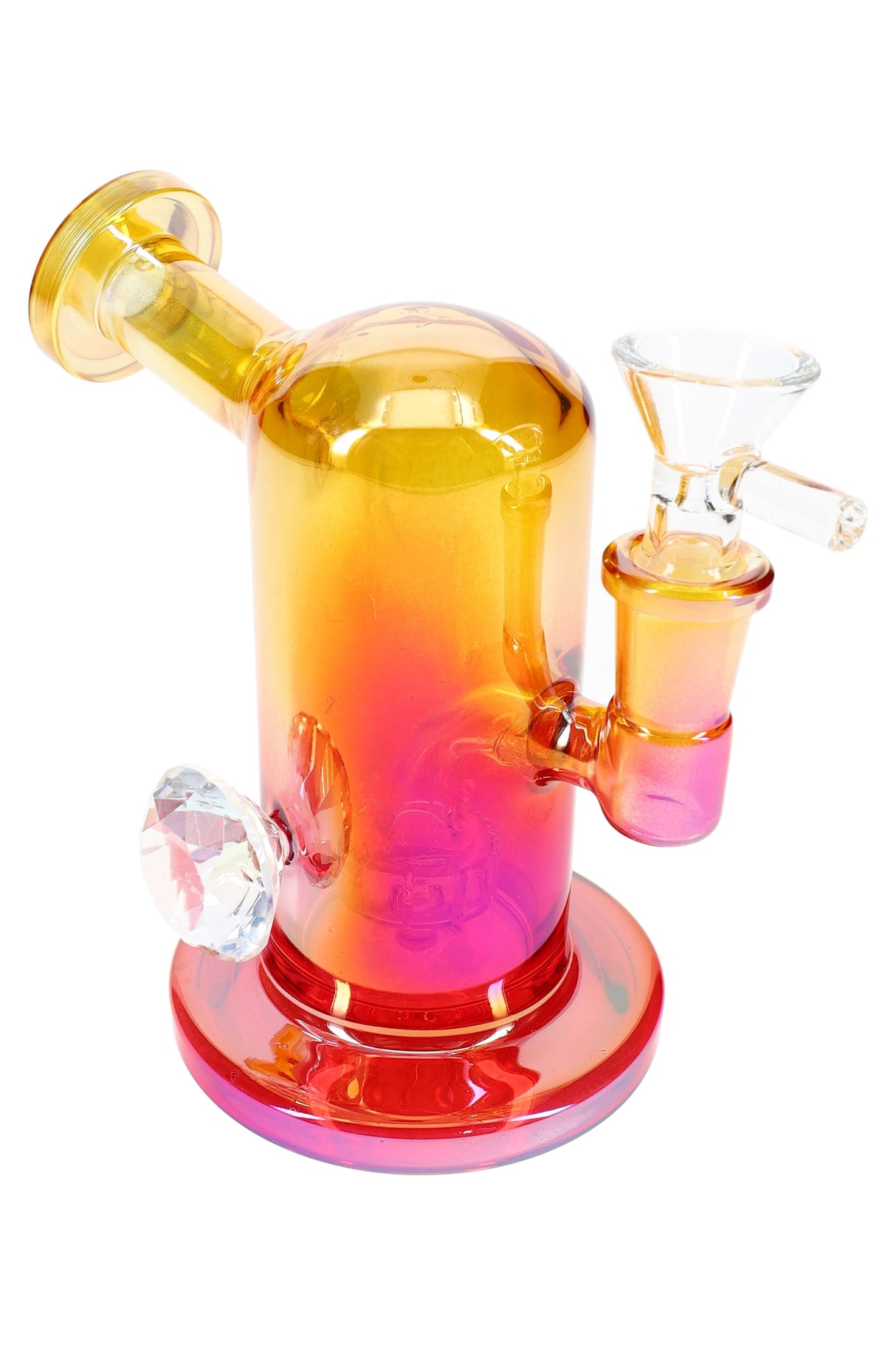 Yellow and red metallic glass mini bong with jewel grip, 14 mm joint, and round foot base, 5″ tall.