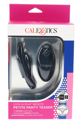 CalExotics Lock-N-Play Remote Petite Panty Teaser box showing stimulator and remote, USB rechargeable and waterproof icons