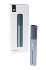Puffco Pivot vaporizer beside retail box in cool gray finish, pen-sized cylinder with side viewing window and minimalist design.