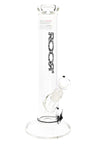 Clear ROOR Zumo 14-inch straight tube with patterned black lace ROOR logo, glass-on-glass downstem and bowl on wide round base.