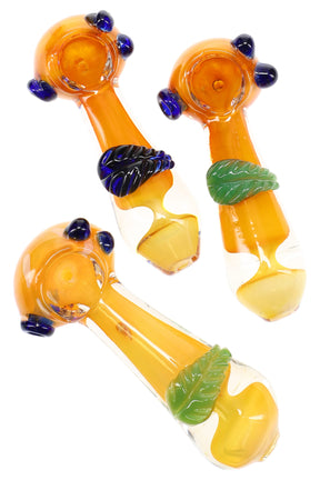 4″ gold-fumed glass hand pipe with sculpted leaf wrap and marble grips; compact spoon for dry herb, colors vary and are shipped at random.
