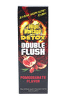 High Voltage Double Flush detox box, Pomegranate flavor, red splash design with fruit image and dietary supplement text.