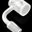 Rear view of frosted quartz bucket with etched text design, 14.5 mm male joint and curved neck on black background.