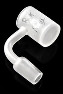 Rear view of frosted quartz bucket with etched text design, 14.5 mm male joint and curved neck on black background.
