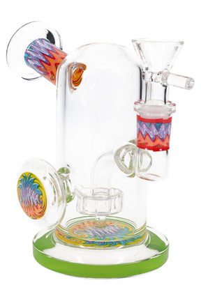 Clear 5″ mini bong with green base, colorful reverse mouthpiece section, and stemline showerhead perc.