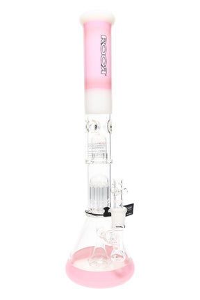 Pink-white ROOR Tech 18″ stemless beaker bong showing multi-perc stack, ice catcher, 5 mm glass, flared mouthpiece, and matching color-blocked base.