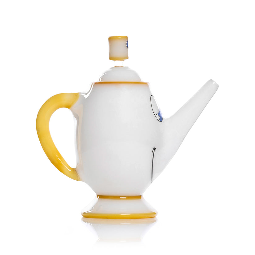 Side profile of Hemper Tea Pot XL opaque white teapot bong showing curved yellow handle, tall spout and cup-shaped bowl on white.