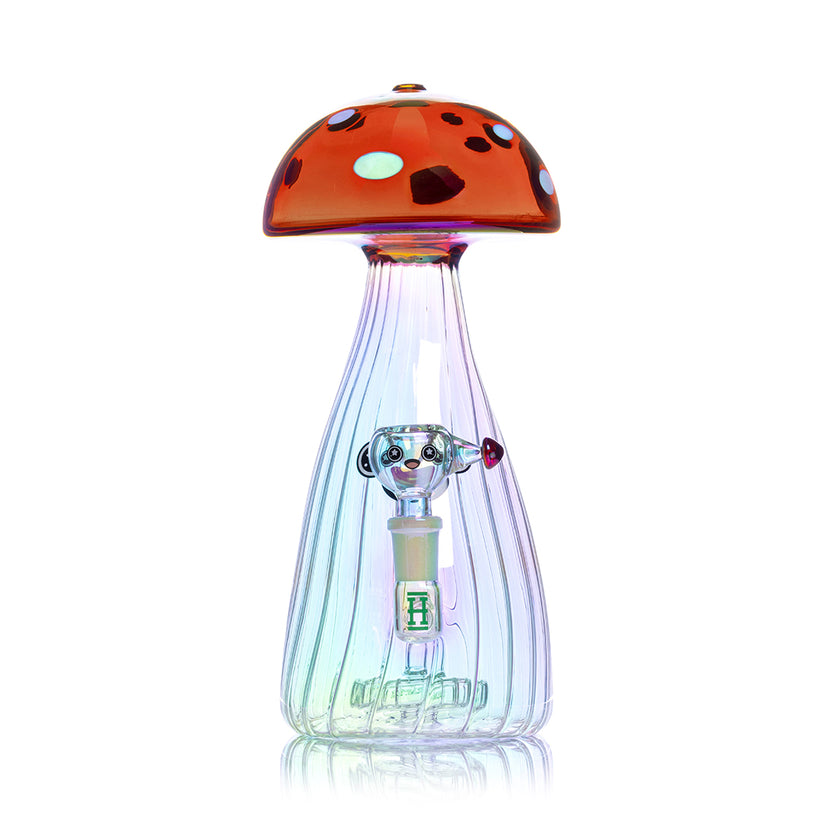 Rear view of Hemper Trippy Shroom XL glass bong displaying iridescent finish, showerhead perc chamber and included bowl.