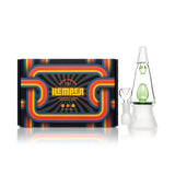 Front view of green Hemper That 70’s lava lamp bong next to colorful vintage-style Hemper box, display-ready setup on white.