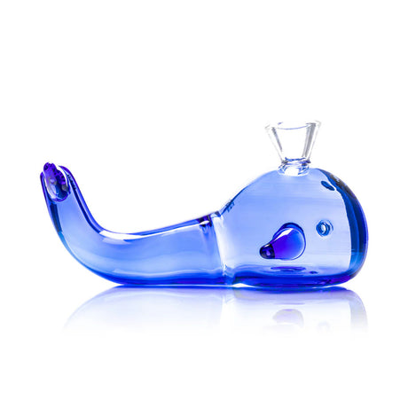 Side profile of blue whale glass hand pipe with long curved tail mouthpiece and clear bowl