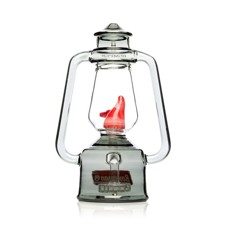 Rear view of smoke glass Hemper Bowlman Lantern XL bong with lantern frame, internal flame sculpture and wide stable base.