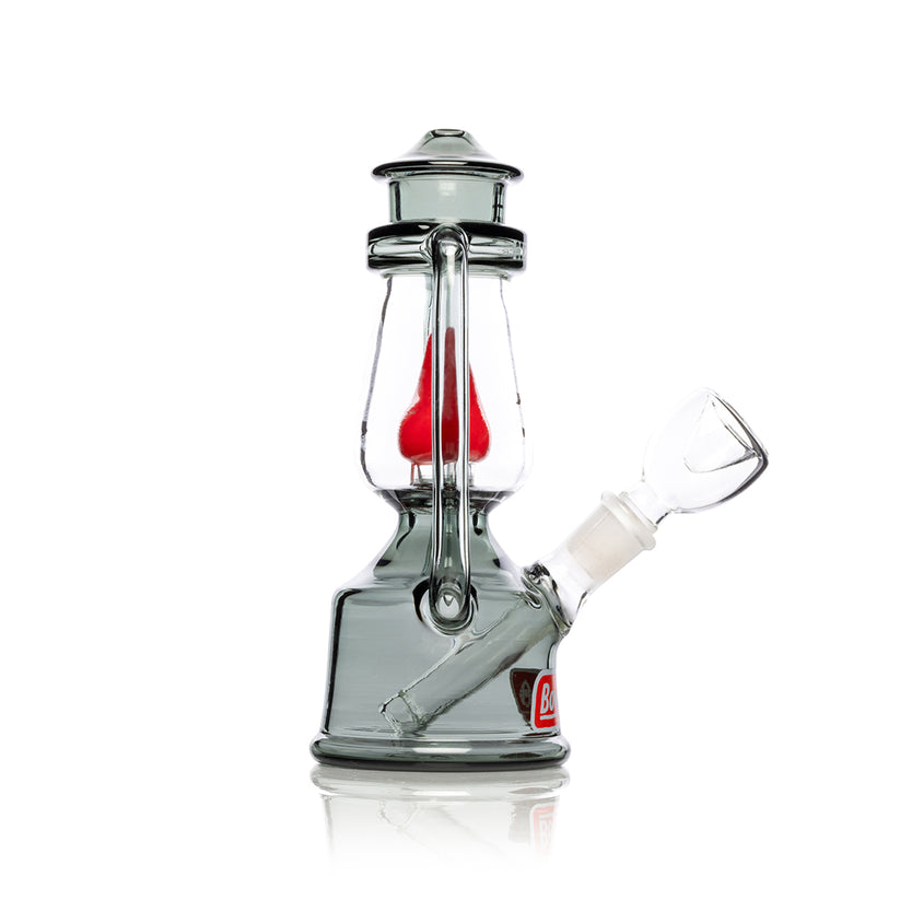 Side angle of 7″ Bowlman Lantern bong highlighting smoke-tinted base, upright lantern frame and forward-facing glass bowl joint.