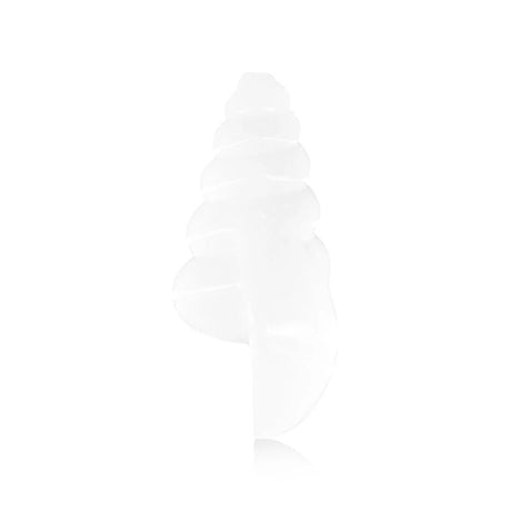 Side profile of compact seashell hand pipe with translucent white glass and curved shell shape