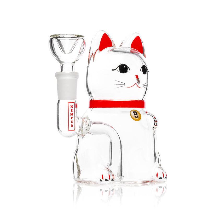 Side angle of Hemper Lucky Money Cat 5-inch novelty glass bong highlighting clear kitty body, downstem pathway and sturdy base.