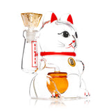 Side angle of 7-inch Hemper Lucky Money Cat XL novelty glass bong highlighting clear kitty body, paw joint and wide base.