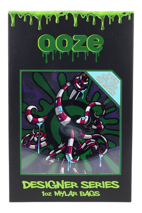 Ooze Designer Series Octo 1-oz mylar bags packaging—black box with green drip logo, highlights 10-count smell-proof child-resistant features