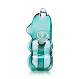 Side profile of teal 6.5″ Gummy Bear glass bong with forward-facing joint, ear mouthpiece and visible perc chamber on white.
