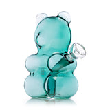 Three-quarter rear view of teal Hemper Gummy Bear mini glass bong highlighting clear bowl, internal downstem and rounded bear curves.