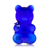 Rear view of Hemper Gummy Bear XL deep blue glass bong with smooth bear back, visible matrix perc in base and Hemper logo.