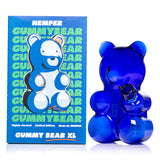 Gummy Bear XL glass bong beside Hemper Gummy Bear XL box, showing tall blue bear body and paw-mounted bowl on white.