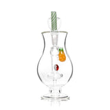 Back angle of Hemper Pina Colada mini bong highlighting clear showerhead perc, fruit accents and flared mouth opening.