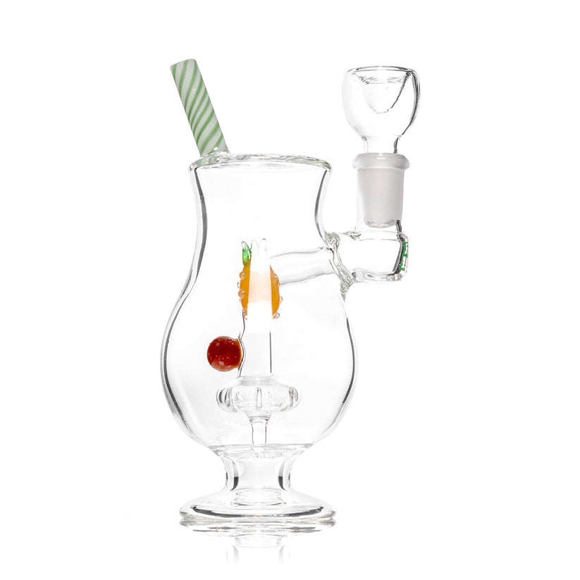 Side profile of tulip-shaped Hemper Pina Colada bong showing striped straw mouthpiece and compact round pedestal base.