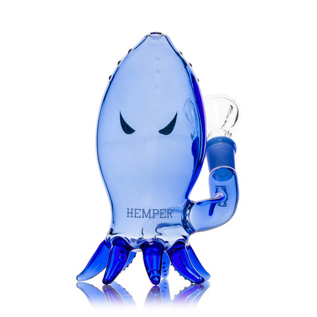 Rear view of Hemper Kraken blue glass water pipe with sculpted tentacle base, logo and curved neck.