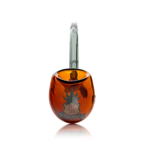 Amber Das Boot Sherlock glass hand pipe with black mouthpiece and front badge decal