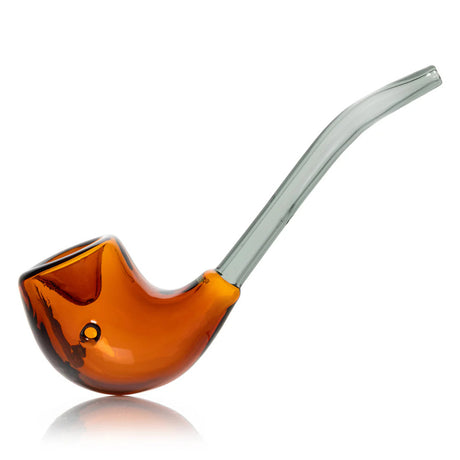Amber Sherlock glass hand pipe in side profile with curved stem and compact 6″ body