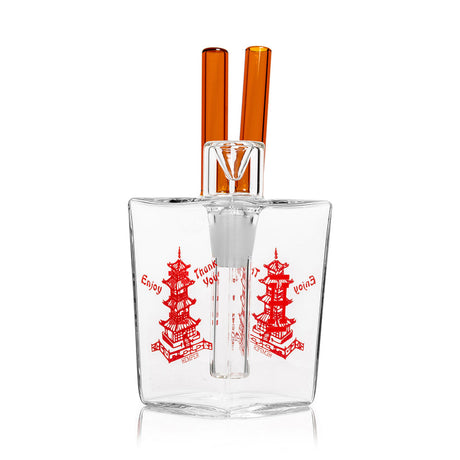 Angled close-up of Hemper 6-inch clear Chinese Takeout Box bong highlighting diffused downstem, included glass bowl and orange chopstick tubes.