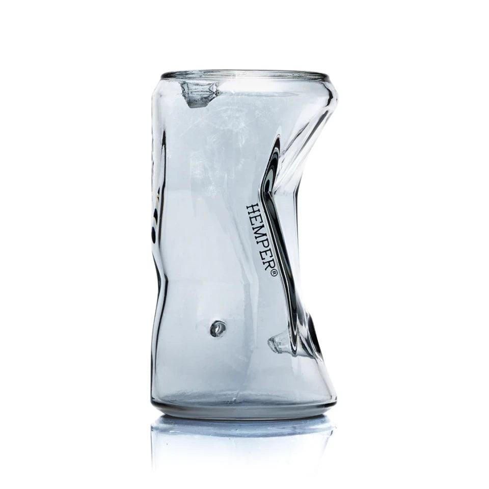 HEMPER crushed can glass hand pipe with reflective aluminum-look finish and dented body