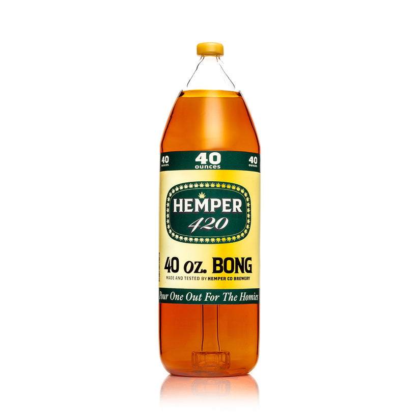 Straight-on studio shot of Hemper 40 oz XL amber glass bottle bong with topaz cap mouthpiece and bold 40 ounces branding.
