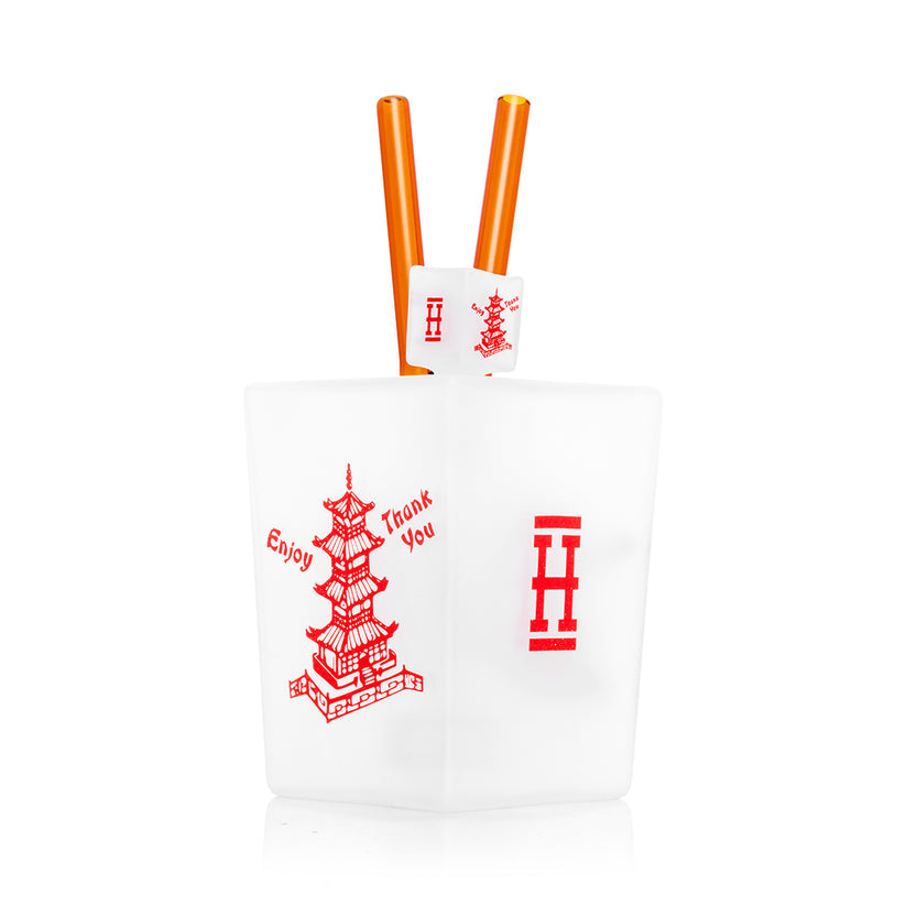 Straight-on view of Hemper 9-inch Chinese Takeout Box XL frosted glass bong with red graphics and dual amber chopsticks mouthpiece on white.