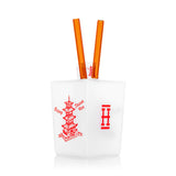 Rear three-quarter view of Hemper Chinese Takeout Box XL novelty glass bong highlighting frosted box body and upright amber chopsticks tubes.