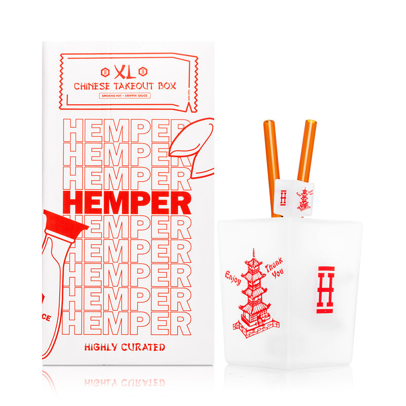 Front hero shot of Hemper Chinese Takeout Box XL bong beside branded Chinese Takeout XL Bong box, ready for retail shelf presentation.