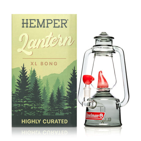 Angled shot of 10-inch Hemper Bowlman Lantern XL bong highlighting smoke glass handles, stemless joint and red flame bowl.