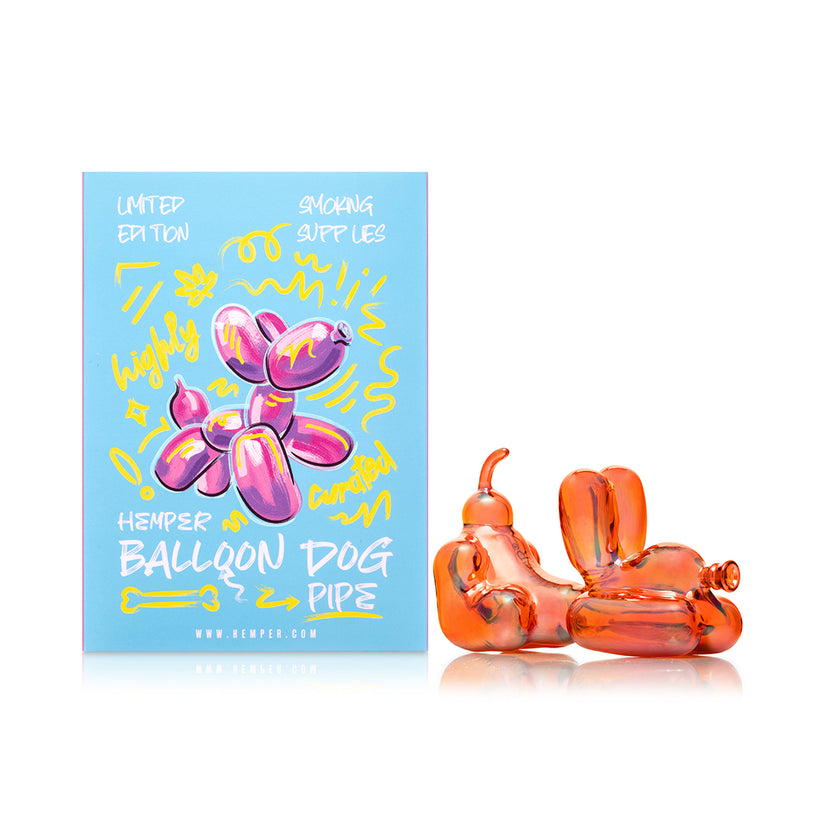 Front view of Hemper Balloon Dog amber glass pipe next to its retail box, highlighting size and sculpted balloon paws.