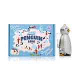 Front view of Hemper Penguin glass bong next to illustrated Arctic-themed gift box, ready-for-retail image highlighting the novelty glass bong shape.